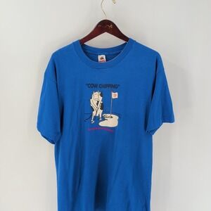Vintage Fruit Of The‎ Loom Cow Chipping USA Graphic Cotton T-Shirt Blue Size XL